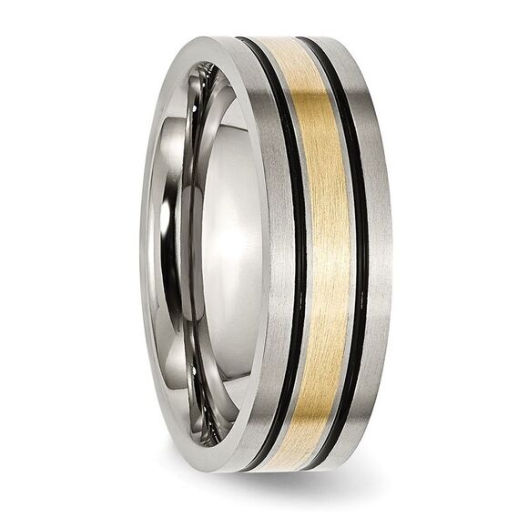 Kazi Luxury Titanium Antiqued & Brushed with 14k Yellow Gold Inlay 7mm Flat B& - Picture 4 of 7